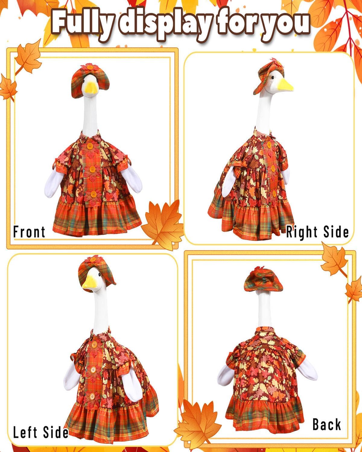 Fall Porch Goose Outfits with Maple Leaf Design, 2 Pcs/Set Lawn Cement Goose Clothes for Thanksgiving Day, 23" Patio Yard Garden Geese Decoration