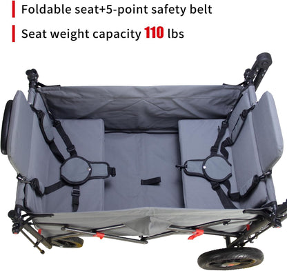 Collapsible Foldable Wagon Cart with Quick-Release Wheels & 2 Seats - Heavy-Duty Utility Wagon 265LBS Capacity for Camping, Garden, Shopping (Grey)