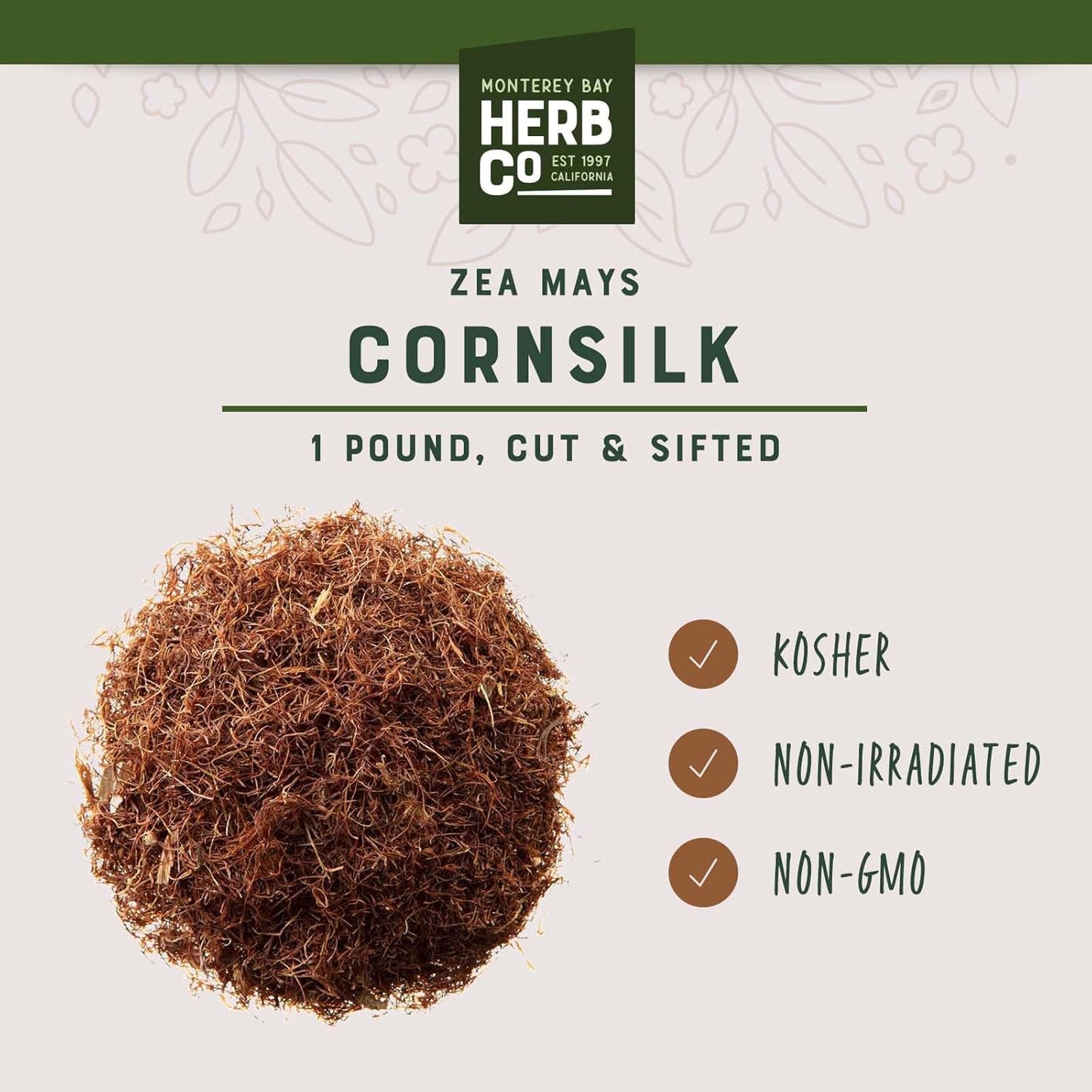 MONTEREY BAY HERB CO. Cornsilk, Cut & Sifted | Use for Teas, Dietary Supplement, Skin Washes | from Corn | 1lb Bag