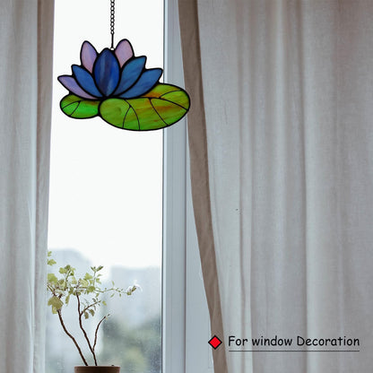 Stained Glass Lotus Flower Window Hanging Sun Catcher Holiday Decoration Window Panels Birthday Gifts for mom,Woman and Friends (Blue)