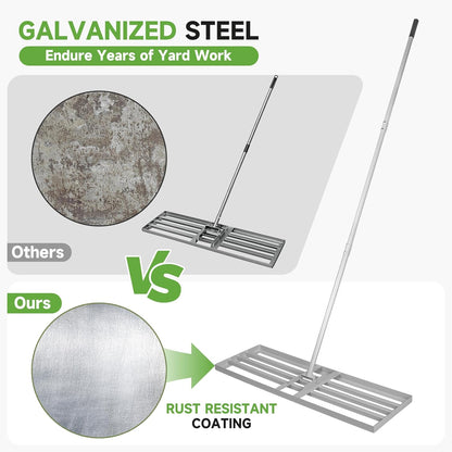 Lawn Leveling Rake – Heavy-Duty Galvanized Steel Yard Leveling Rake with Adjustable 36x12 Inch Rack Head & Extendable 52-78 Inch Handle, Rust-Resistant, All-Welded, Gloves Included