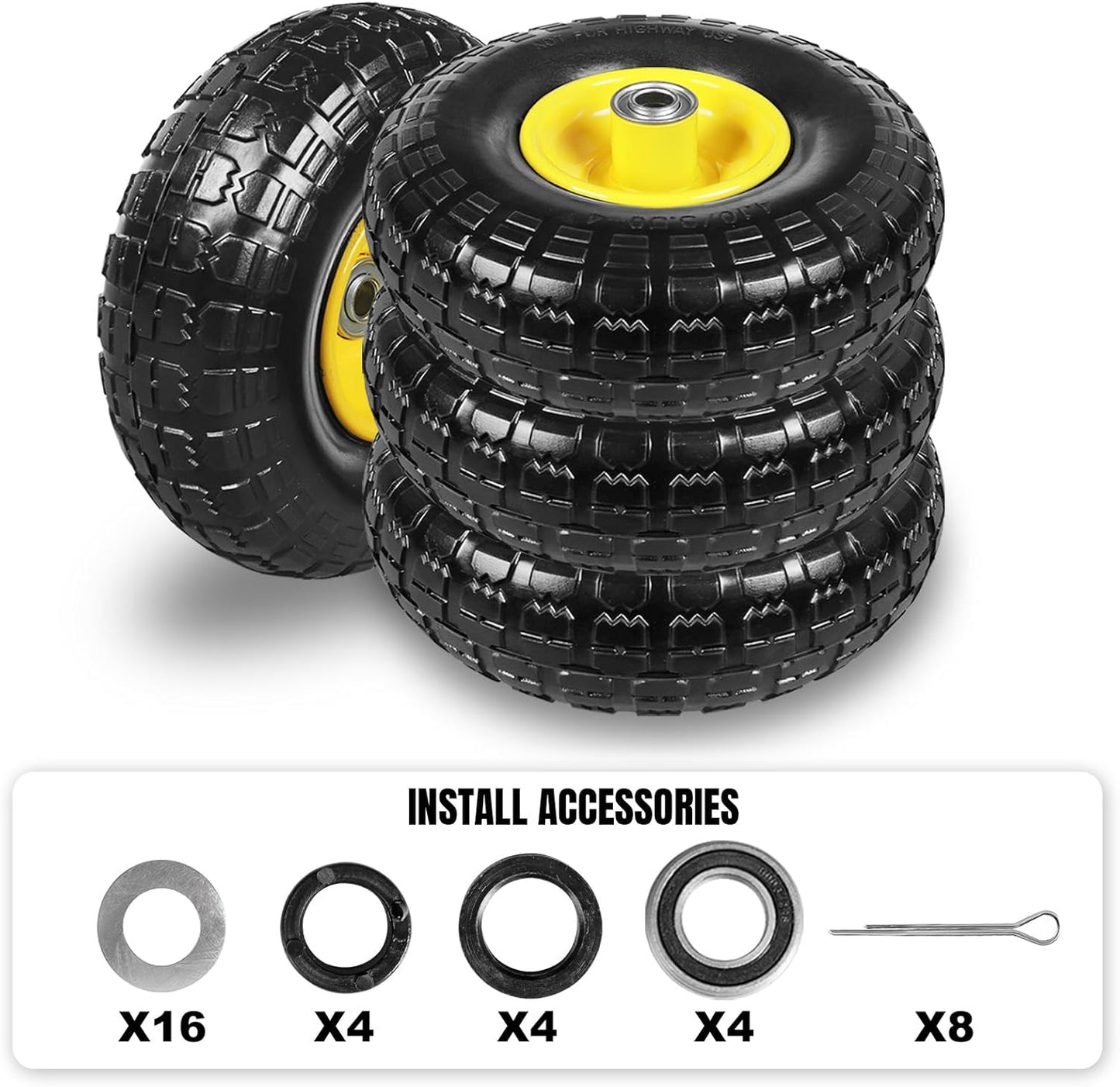 10 Inch Soild Rubber Dolly Tire Wheels, 4.10/3.50-4" Tire and Wheel Flat Free for Garden Carts, 5/8" Bearings,2.1"Offset Hub for Hand Truck, Gorilla Cart, Wheelbarrow Metal (4 Packs)