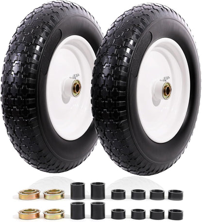 MZREXN 14.5" Wheelbarrow Tire Flat-Free 3.00/3.25/3.50/4.00-8" Solid Tire and Wheel with 3"-7" Centered Hub, 3/4" & 5/8" Bearings Replacement for Hand Truck/Dolly/Utility Cart/Garden Cart 2PCS White