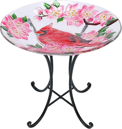 MUMTOP Outdoor Glass Birdbath with Metal Stand for Outside Lawn Yard Garden Cardinal Decor,18??Dia/21.65 Height