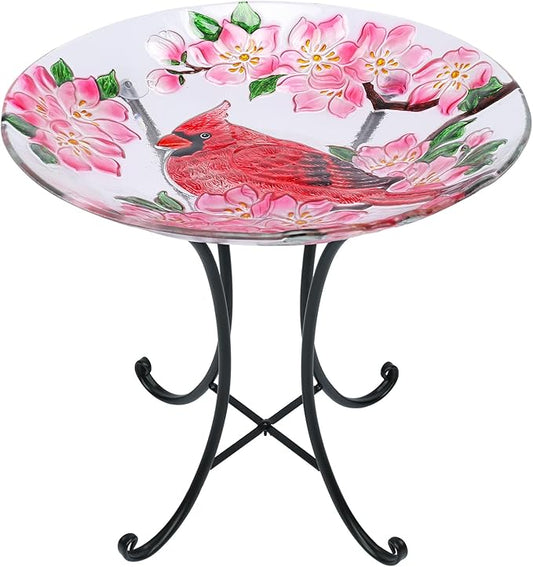 MUMTOP Outdoor Glass Birdbath with Metal Stand for Outside Lawn Yard Garden Cardinal Decor,18??Dia/21.65 Height