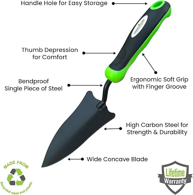 Garden Guru Garden Tool Set 3pc Hand Trowel Transplanter Cultivator – Heavy Duty Rust Resistant Carbon Steel - Ergonomic Comfort Grip Handle – Perfect Gardening Tool Kit Gifts for Women & Men