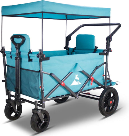 Collapsible Foldable Wagon Cart with Quick-Release Wheels & 2 Seats - Heavy-Duty Utility Wagon 265LBS Capacity for Camping, Garden, Shopping (Turquoise)