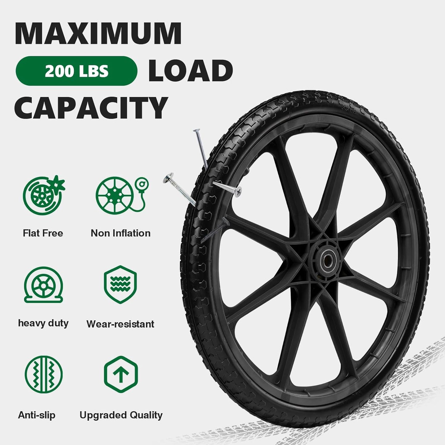 20" Flat Free Tire and Wheel with 3/4" & 5/8" Bearing, Replacement Wheels for Rubbermaid Wheelbarrow,Lawn Carts, Big Wheel Utility Carts and Garden Yard Cart, 2 Pcs Black