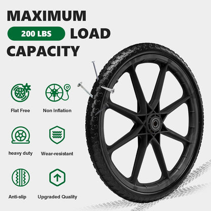20" Flat Free Tire and Wheel with 3/4" & 5/8" Bearing, Replacement Wheels for Rubbermaid Wheelbarrow,Lawn Carts, Big Wheel Utility Carts and Garden Yard Cart, 2 Pcs Black
