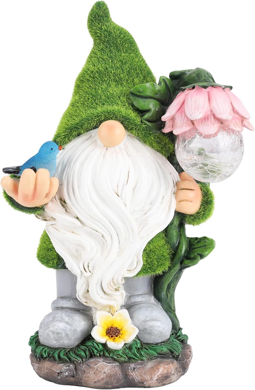 Garden Gnome Statue - Funny Gnome Decoration Hold Flower with Solar Crackle Glass Globe Lights, Resin Gnomes Figurine Ornament for Patio Yard Lawn Porch Outdoor Decor