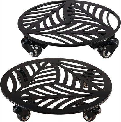 2 Packs Large Metal Plant Caddy with Wheels 13.6" and 12" Heavy-duty Wrought Iron Rolling Plant Stands with PU Metal Casters Indoor Outdoor Round Plant Pot Roller Base Planter Movers, Glossy Black