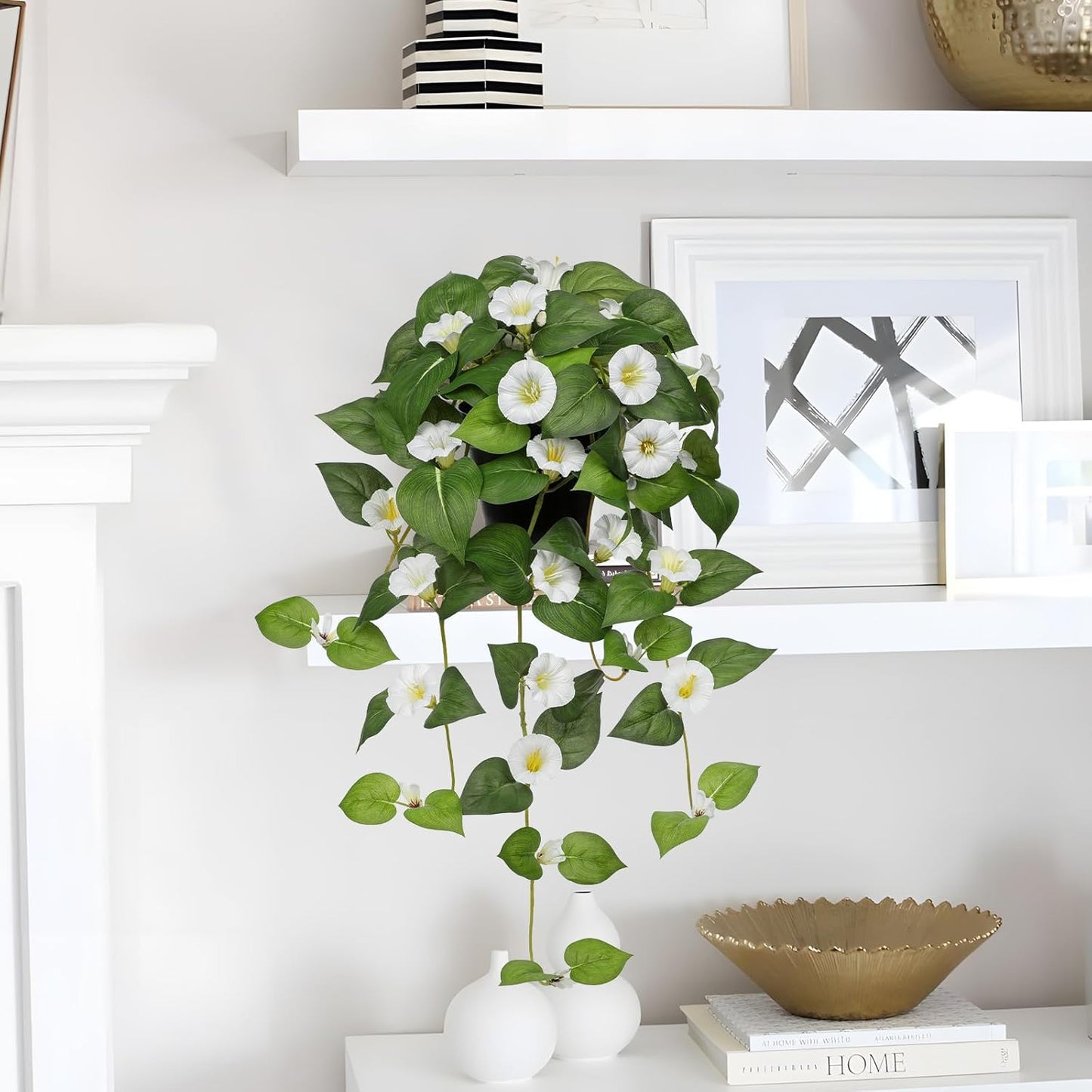 Briful Artificial Hanging Flowers in Pot 25.6" Faux Silk Morning Glory Flower Vine with Cascading Greenery Fake Hanging Plants for Home Office Bathroom Table Shelf Decor(White)