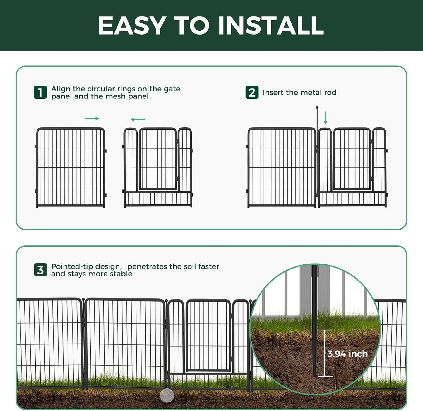 FXW Garden Fence Outdoor for The Yard – 24in(H) x 45.6ft(L) Heavy Duty Metal Animal Barrier for Dog and Rabbit, Decorative Dog Fence, 24 Panels, Black