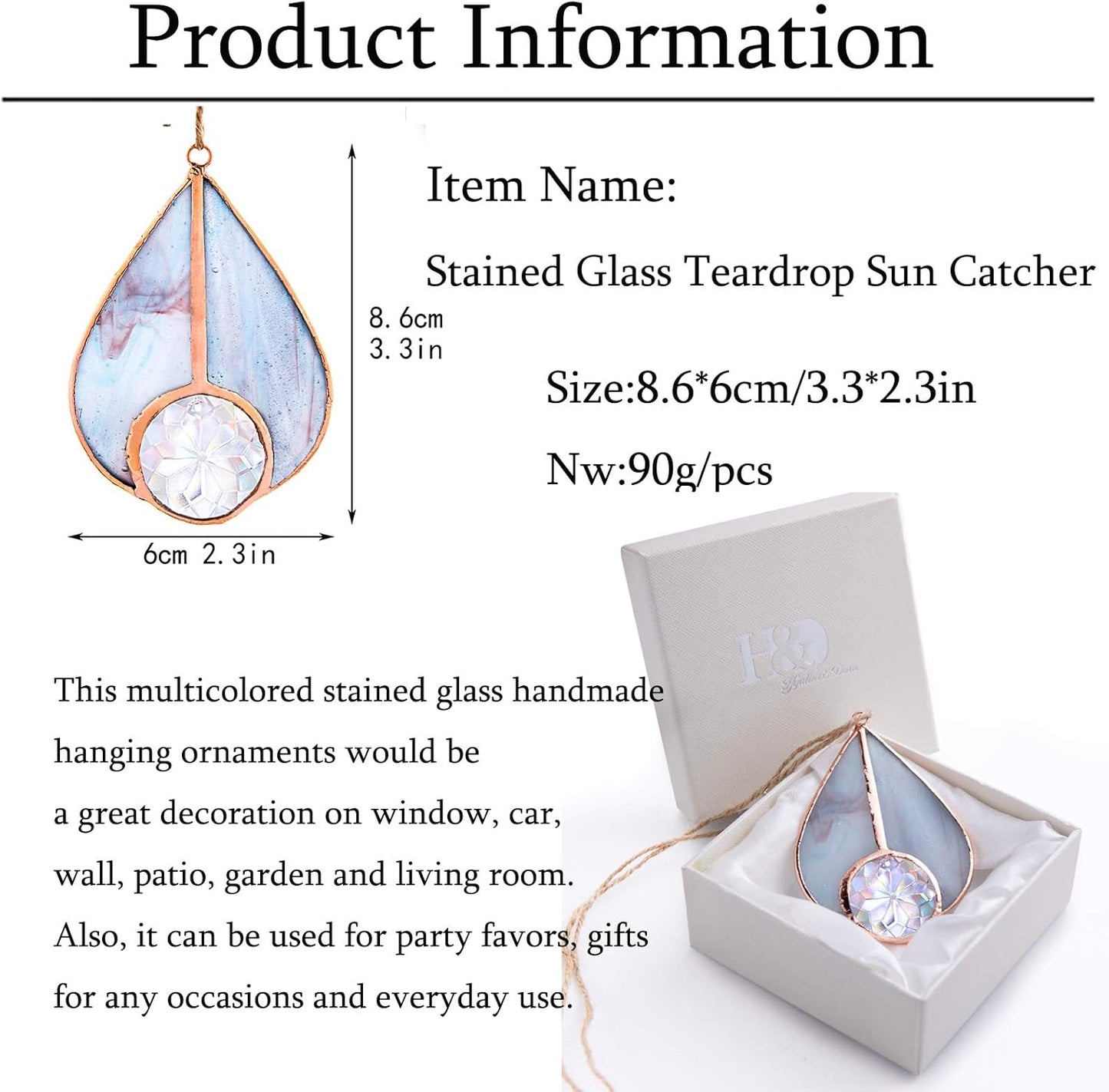 H&D HYALINE & DORA Art Stained Glass Suncatcher Teardrop Ornament, Suncatchers Hang for Window Wedding Party