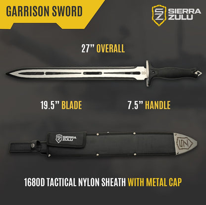 Sierra Zulu Garrison Sword - 7CR13 Stainless Steel Blade, 27.0 inches Overall, 19.5” Blade with Two Tone Powder Coated Finish - Glass Fiber Handle, Tactical Nylon Sheath with Reversible Wear Strap