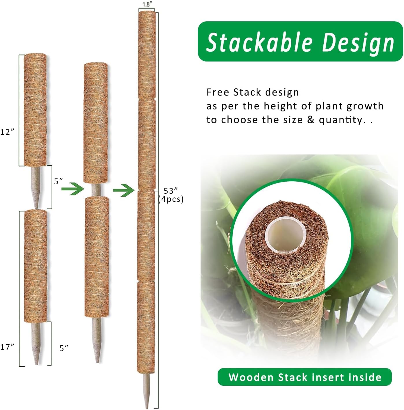4-Pack 17 Inch Stackable Moss Poles for Monstera & Climbing Plants, Indoor Plant Support Stakes