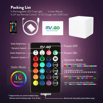 Mr.Go 14-Inch Color Changing LED Cube Light Stool, Glow Cube Seat for Kids, Modern LED Light Side Table, 16 RGB Colors LED Mood Lighting, Ideal for Home Garden Patio Bar Pool Party Decorative Lighting