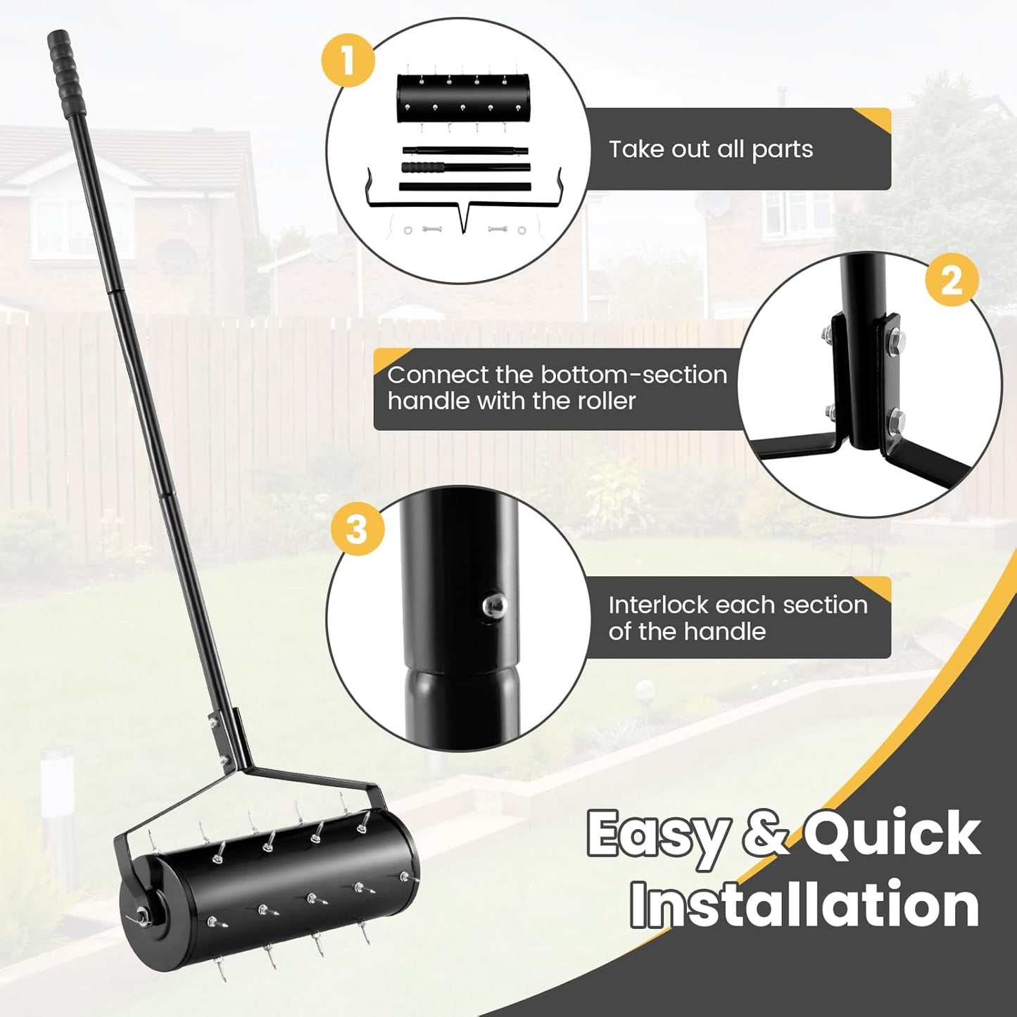 Goplus Rolling Lawn Aerator, 18-Inch Garden Yard Rotary Push Tine Filled Sand Stone, Heavy Duty Spike Soil Aeration w/Metal Handle, Fillable Drum 51" Manual Lawn Aeration Tool Garden Grass Patio Yard