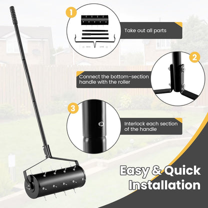 Goplus Rolling Lawn Aerator, 18-Inch Garden Yard Rotary Push Tine Filled Sand Stone, Heavy Duty Spike Soil Aeration w/Metal Handle, Fillable Drum 51" Manual Lawn Aeration Tool Garden Grass Patio Yard