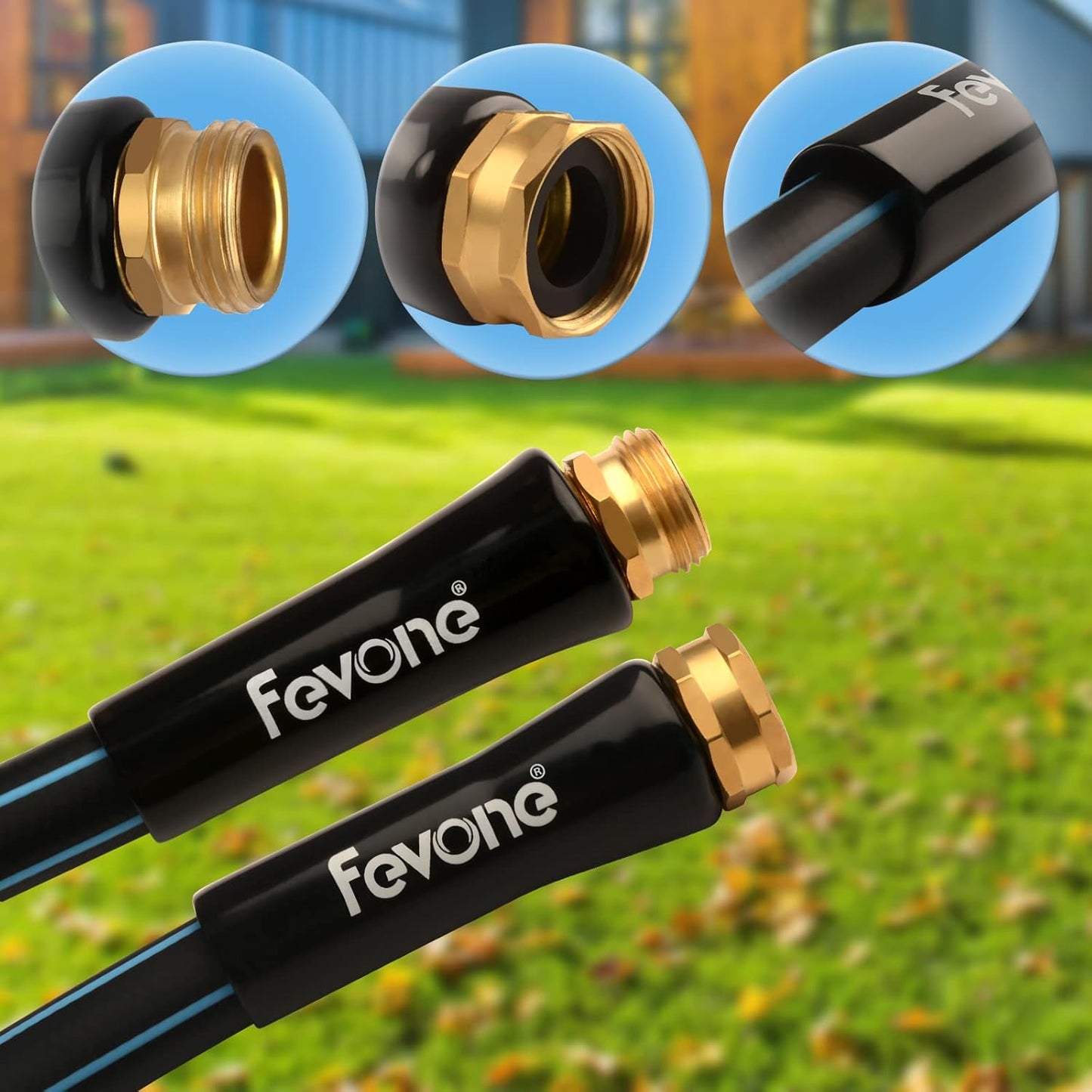 Fevone 50 ft x 5/8" Heavy Duty Garden Hose, Kink-Free Hybrid Polymer Water Hose, Lightweight Outdoor Hose with 3/4" Brass Fittings, Leak-Free Connection, All Weather Flexible
