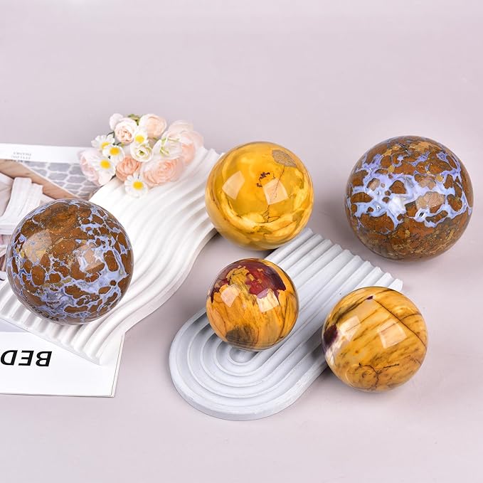 JIC Gem Natural Healing Crystal Sphere Ball Yellow Agate Crystal Decorative Ball with Display Stand Chakra Meditation Fengshui (60-70mm)