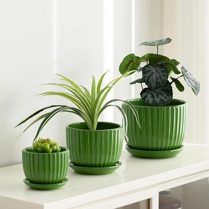 Ceramic Plant Pots,4"+5"+6" Inch,Green Flower Pots with Drainage Holes and Tray,Indoor Planters for Plants Pots,Home Office Decoration GIF for Plants,Succulent Pot Set of 3