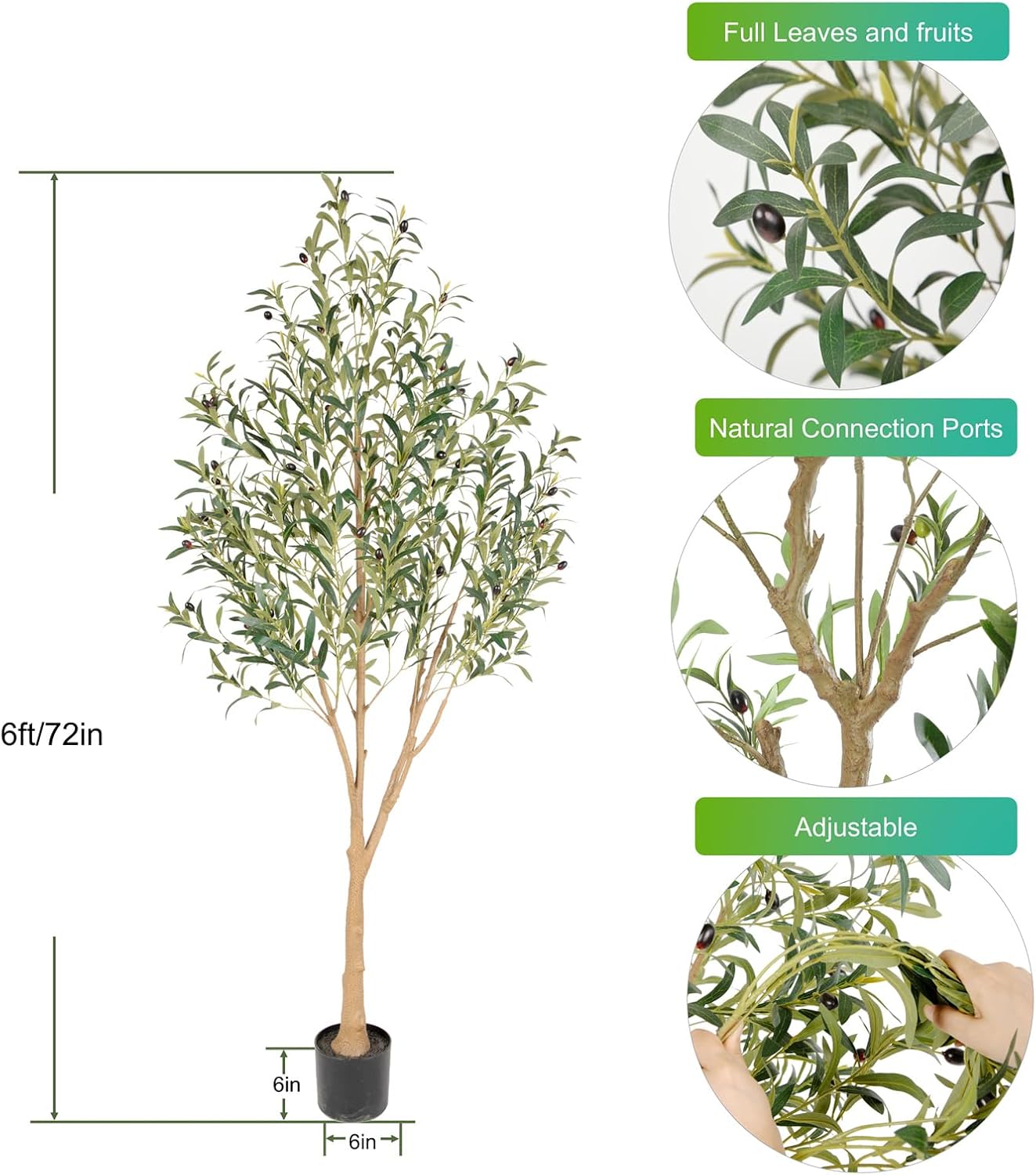 Tall Faux Olive Tree，6Ft(72in) Realistic Texture Potted Silk Artificial Olive Tree， Fake Olive Trees Indoor Outdoor for Home Office Living Room Bedroom Foyer Porch Decor.