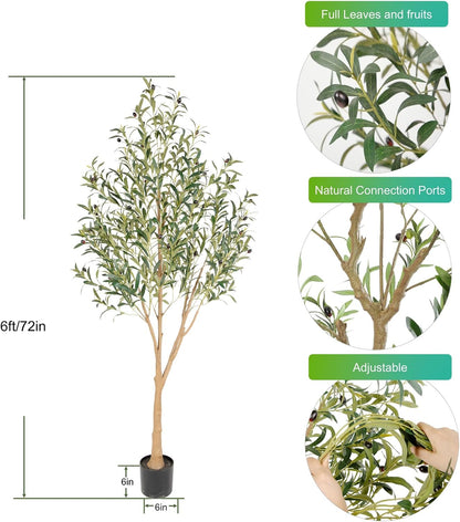 Tall Faux Olive Tree，6Ft(72in) Realistic Texture Potted Silk Artificial Olive Tree， Fake Olive Trees Indoor Outdoor for Home Office Living Room Bedroom Foyer Porch Decor.