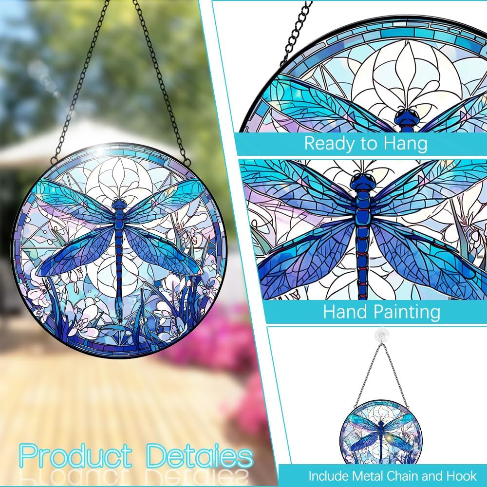 Dragonfly Suncatcher Stained Glass Window Hanging - 8” Stained Glass Suncatchers for Windows - Sun Catchers Indoor Window Catcher with Hooks and Chain - Birthday Gifts for Mom Grandma