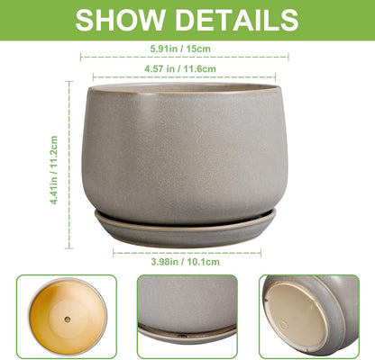 G EPGardening Ceramic Plant Pots - Round 6 Inch Modern Planter with Drainage and Plant Saucer Indoor Outdoor for Flower, Garden Decor, Gifts for Home, Retro Gray
