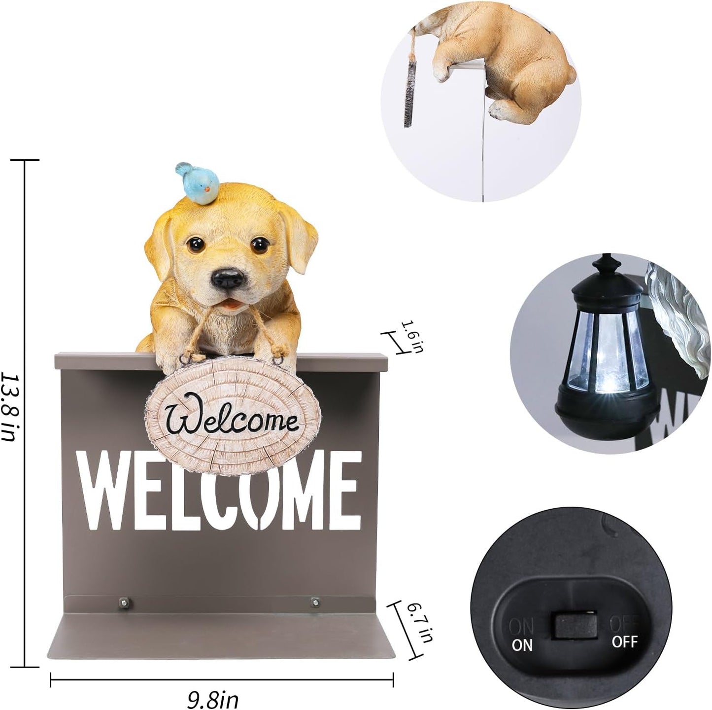 Garden Dog Statues with Solar Bird, Solar Labrador Puppy Statue with Welcome Fence Base Outdoor Sculptures Garden Decorations for Patio, Lawn, Yard, Housewarming Gifts for Mom Women Grandma