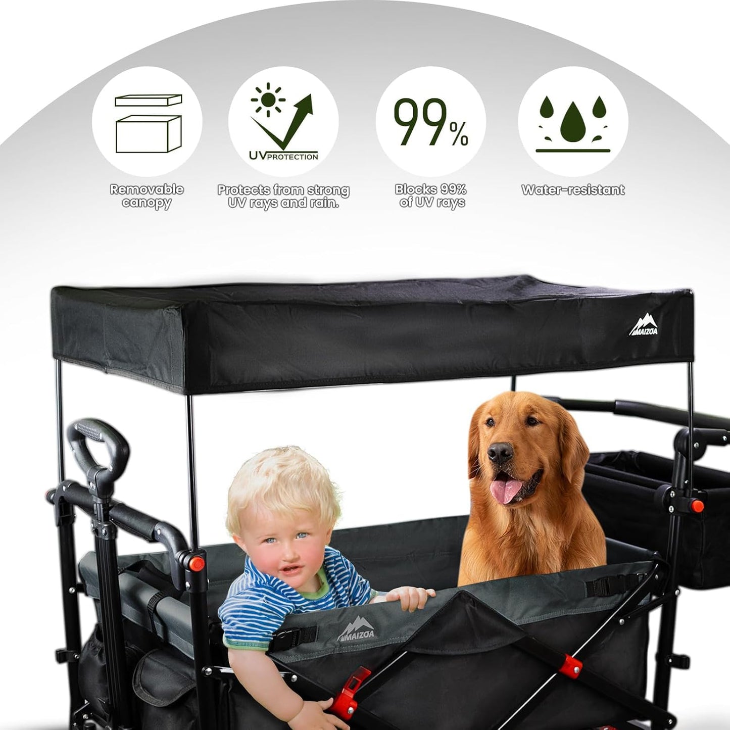 Foldable Wagons with Removable Canopy, Seat Belts, Reversible Handlebar, Removable Canopy, 220lbs Weight Capacity, Folding Wagon for Ages 1+ Years Suitable for Family Travel, Cargo
