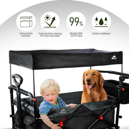 Foldable Wagons with Removable Canopy, Seat Belts, Reversible Handlebar, Removable Canopy, 220lbs Weight Capacity, Folding Wagon for Ages 1+ Years Suitable for Family Travel, Cargo