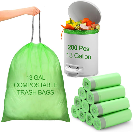 200 Count 13 Gallon Compostable Trash Bags with Drawstring Tall Kitchen Food Scrap Waste Bag Heavy