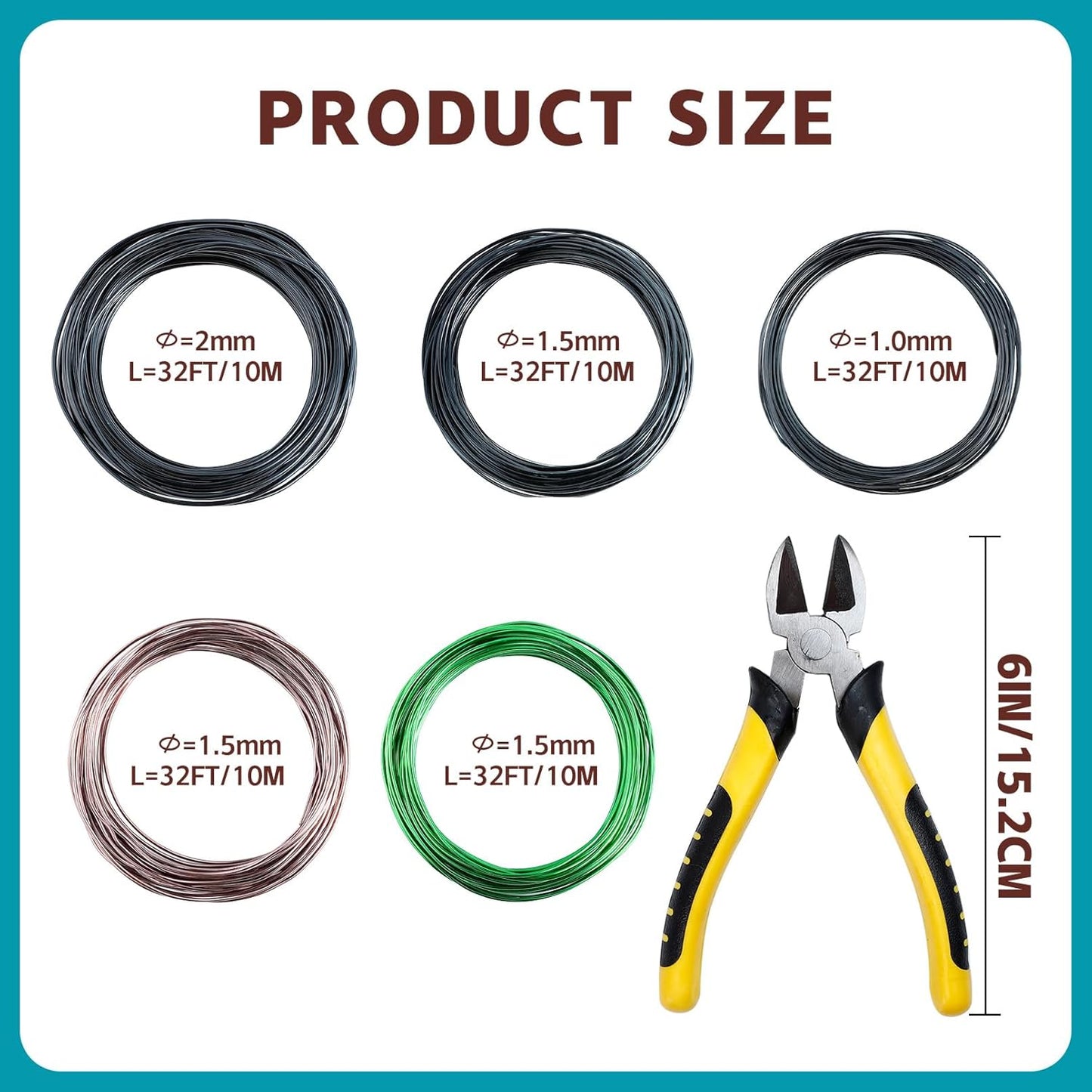 5 Roll Bonsai Wires, Anodized Aluminum Bonsai Training Wire with Wire Cutter, 3 Colors and 3 Sizes (1mm, 1.5mm, 2mm), Total 160 Feet, Aluminum Wires for Indoor Garden Small Trunks DIY Tools