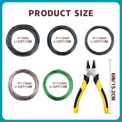 5 Roll Bonsai Wires, Anodized Aluminum Bonsai Training Wire with Wire Cutter, 3 Colors and 3 Sizes (1mm, 1.5mm, 2mm), Total 160 Feet, Aluminum Wires for Indoor Garden Small Trunks DIY Tools