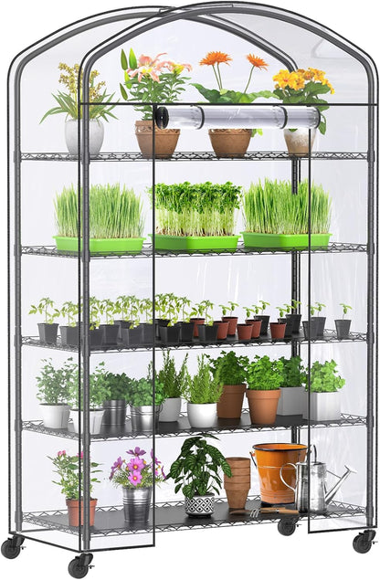 Abimars 5-Tier Greenhouse with Caster Wheel, Each Shelf Height Adjustable Metal Plant Shelf with PVC Cover for Seed Starting Trays, Seedling Pots, Plant Pots, 21x49x80inch