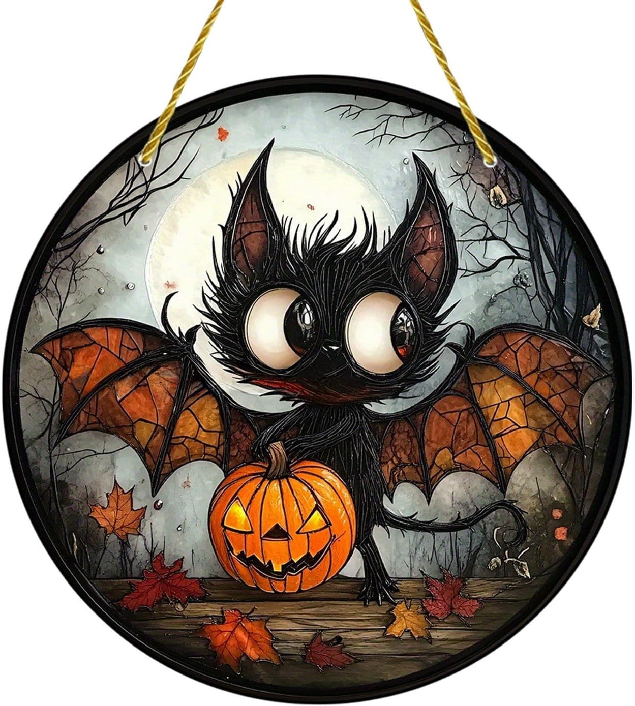 7.87inch Halloween Sun Catchers Stained Glass Window Hanging Evil Bat Pumpkin Acrylic Suncatcher Indoor Wall Art Home Round Ornament Decor for Women Men Family Party Gift