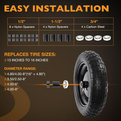 HQPASFY 2 Pack 14.5" Flat Free Tire 4.80/4.00-8 Wheelbarrow Tire and Wheel, 3" Centered Hub, 5/8" & 3/4" Bearings Replacement for Wheelbarrows, Garden Carts, Dump Carts, Lawn Equipment
