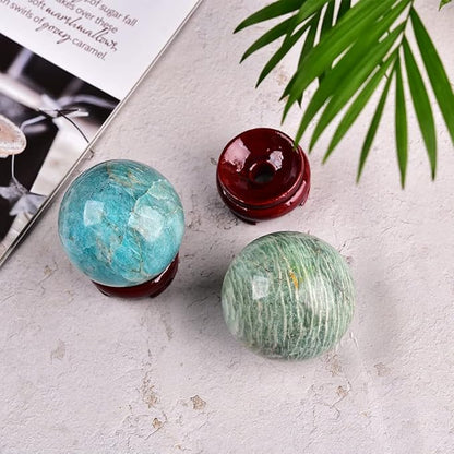 JIC Gem Natural Amazonite Crystal Ball with Wood Stand Gemstone Sphere,Polished Healing Energy Mineral Gemstone Balls for Reiki Chakra Decoration Fengshui (40-50mm)