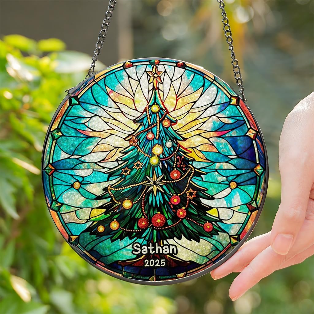 Personalized Stained Glass Christmas Tree Suncatcher, Christmas Handcraft Holiday Ornament with Name and Number, Gift for Family or Friend, Gift for Décor