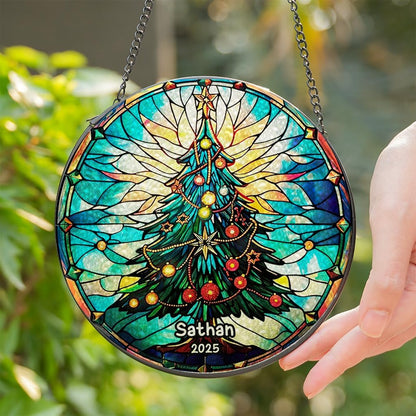 Personalized Stained Glass Christmas Tree Suncatcher, Christmas Handcraft Holiday Ornament with Name and Number, Gift for Family or Friend, Gift for Décor