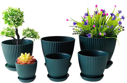 7.5/6.5/5.5/4.9/4.2/3.5 Inch Plant Pots with Saucers & Drain Holes - Indoor/Outdoor Flower Pots for Succulents, Herbs, Cactus - Modern Lightweight Durable Planter Set, Dark Green