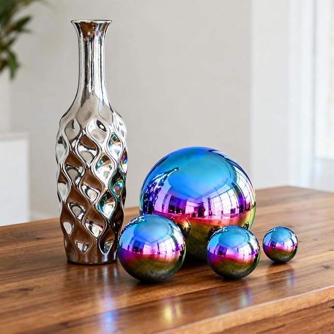 yarlung Set of 10 Stainless Steel Rainbow Gazing Balls, 50-150 mm Garden Mirror Globe Floating Pond Sphere, Polished Hollow Ball Reflective Ornament for Home Yard Outdoor Lawn Decoration