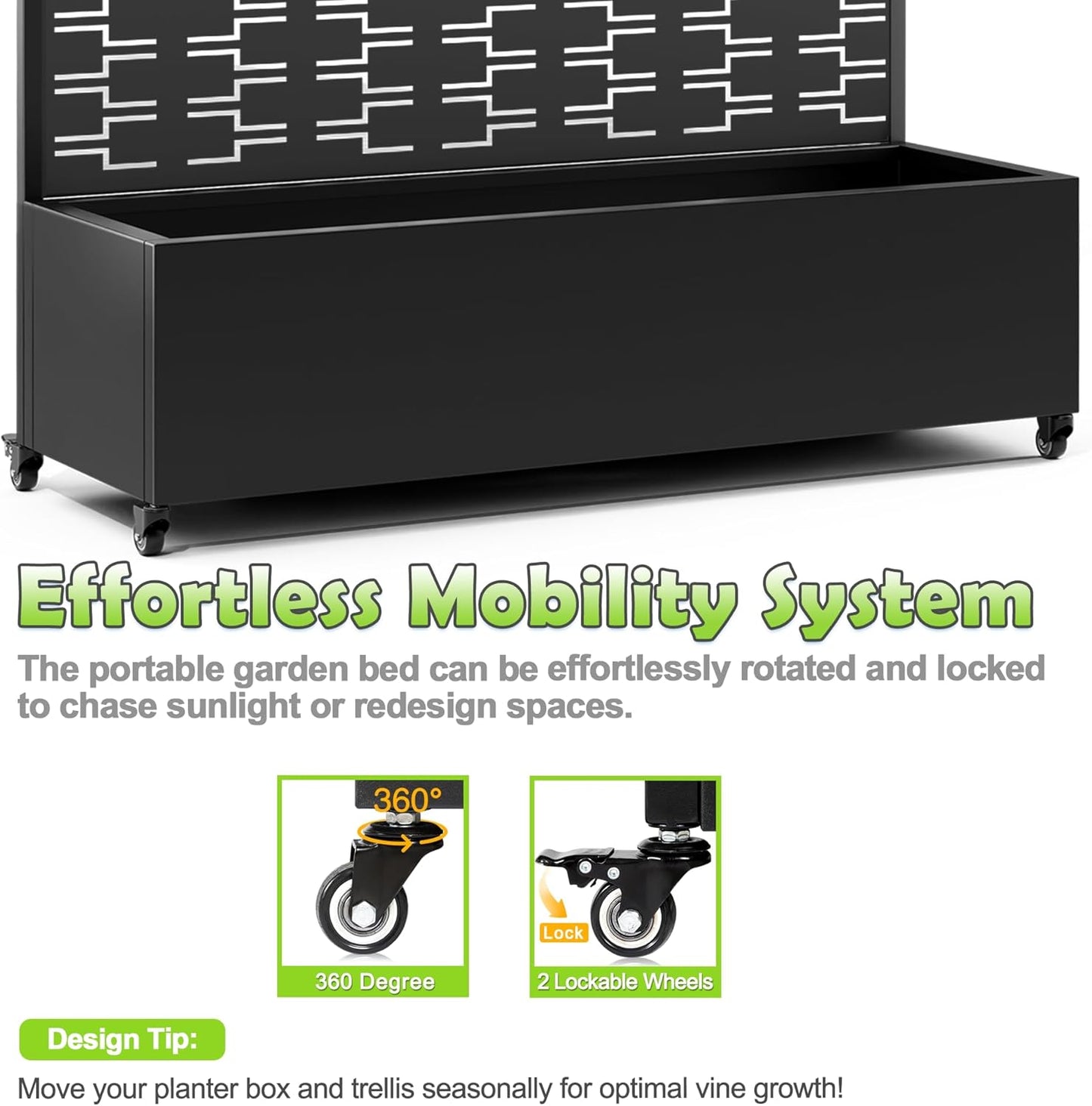 15.7"×70.9"×47.2" Metal Raised Garden Bed with Trellis and Wheels - Tall Trellis Planter Box for Climbing Plants, Vegetables & Vines - Outdoor Privacy Planters for Patio (Black-Brick)