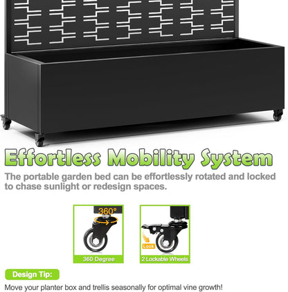 15.7"×70.9"×47.2" Metal Raised Garden Bed with Trellis and Wheels - Tall Trellis Planter Box for Climbing Plants, Vegetables & Vines - Outdoor Privacy Planters for Patio (Black-Brick)
