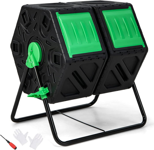 Goplus Compost Bin, Dual Chamber 34.5 Gal Compost Tumbler with 2 Rotating Chambers, Sliding Doors