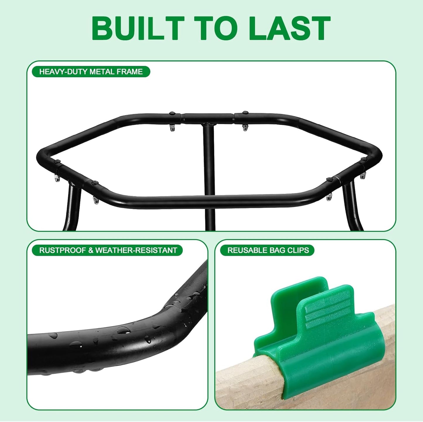 Aobiono Trash Leaf Bag Holder Stand, Garbage Bag Support Frame for 30-55 Gallon Lawn Bags, for Yard Kitchen Garden Outdoor Camping Waste, with Reusable Bag Clips, Heavy Duty (Black)