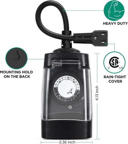G-Homa 24 Hour Mechanical Outdoor Timer Outlet, Outdoor Timer for Lights, 3-Prong Outdoor Light Timer Waterproof for Home and Garden 15A 1/2HP Heavy Duty, CSA Listed [2 Packs]