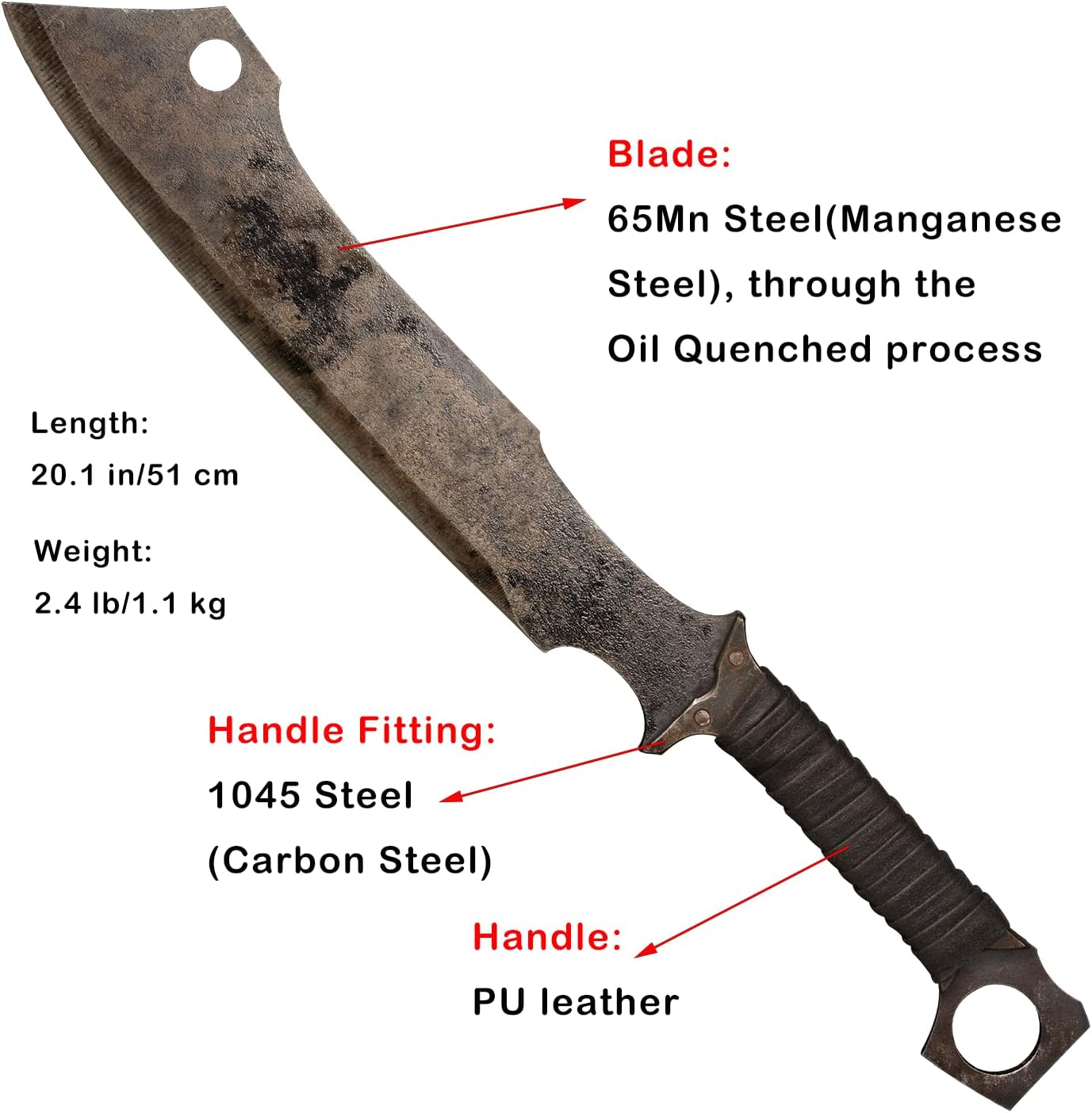 Full Tang Manganese Steel Machete Sword with Sheath for Collection, Practice, Outdoor Use-20.1 Inch